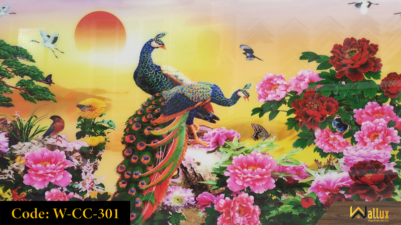 Tranh treo tường pha lê tráng gương chim công hoa mẫu đơn W-CC-301