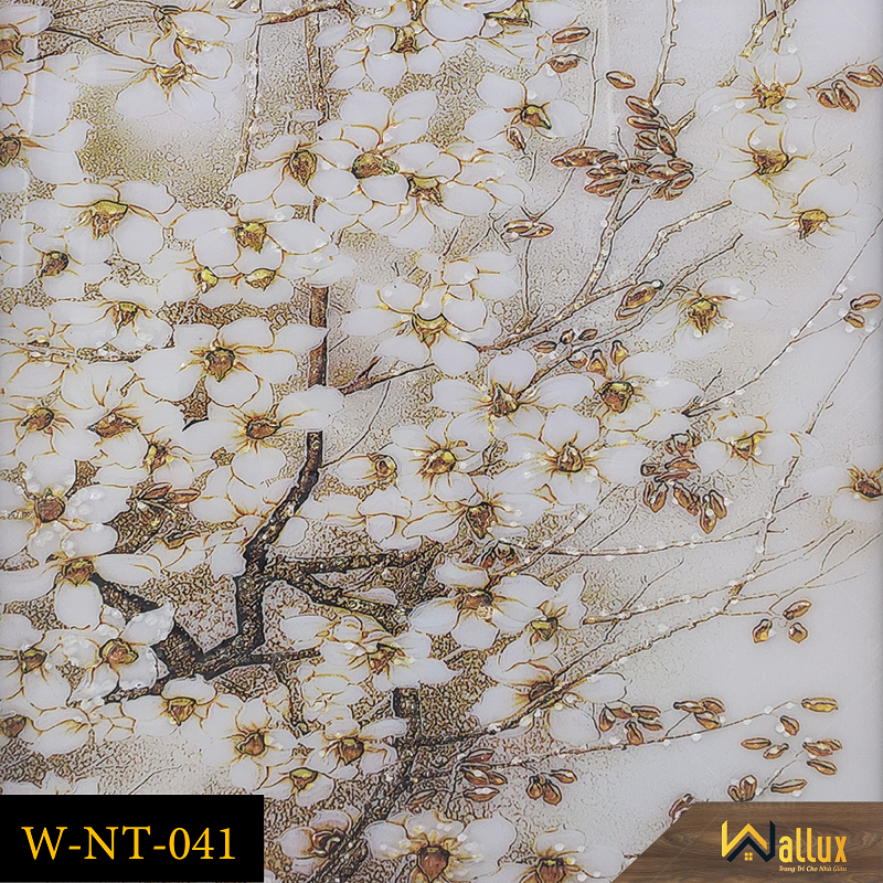 Tranh treo tường pha lê tráng gương hoa trắng nhụy vàng W-NT-041