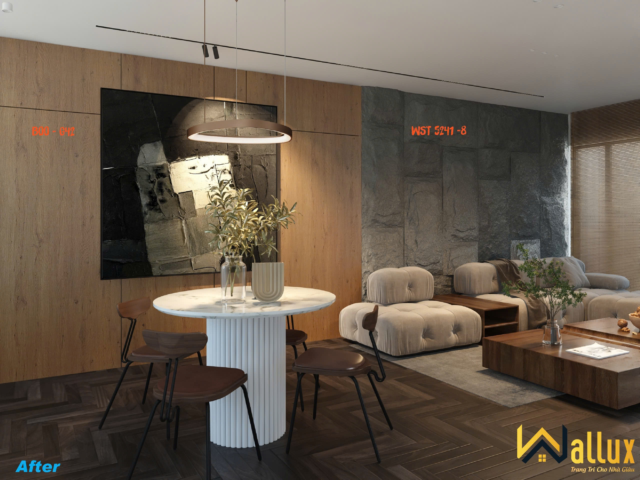 Phối cảnh kết hợp các dòng tấm ốp tường Wallux cho không gian trước và sau khi cải tạo
