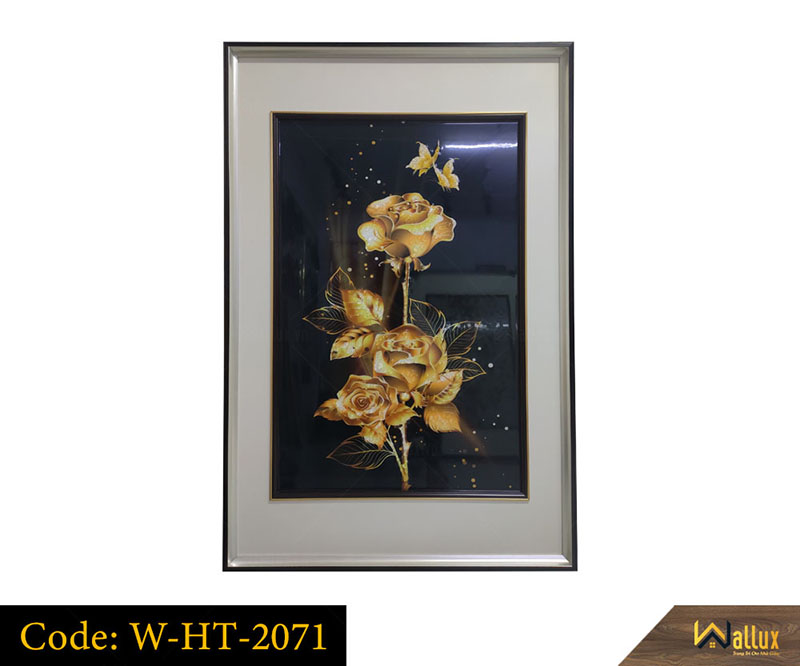 Tranh treo tường pha lê tráng gương hoa hồng dát vàng W-HT-2071