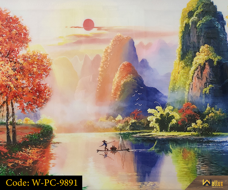 Tranh treo tường pha lê tráng gương phong cảnh sơn thủy W-PC-9891