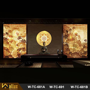 Tranh trúc chỉ hoa sen đối xứng 2 bên và tranh tròn Mandala ở giữa W-TC-681 691