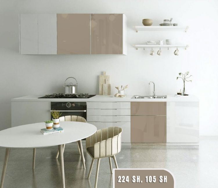 phối cảnh sử dụng ván gỗ bóng gương cho tủ bếp 